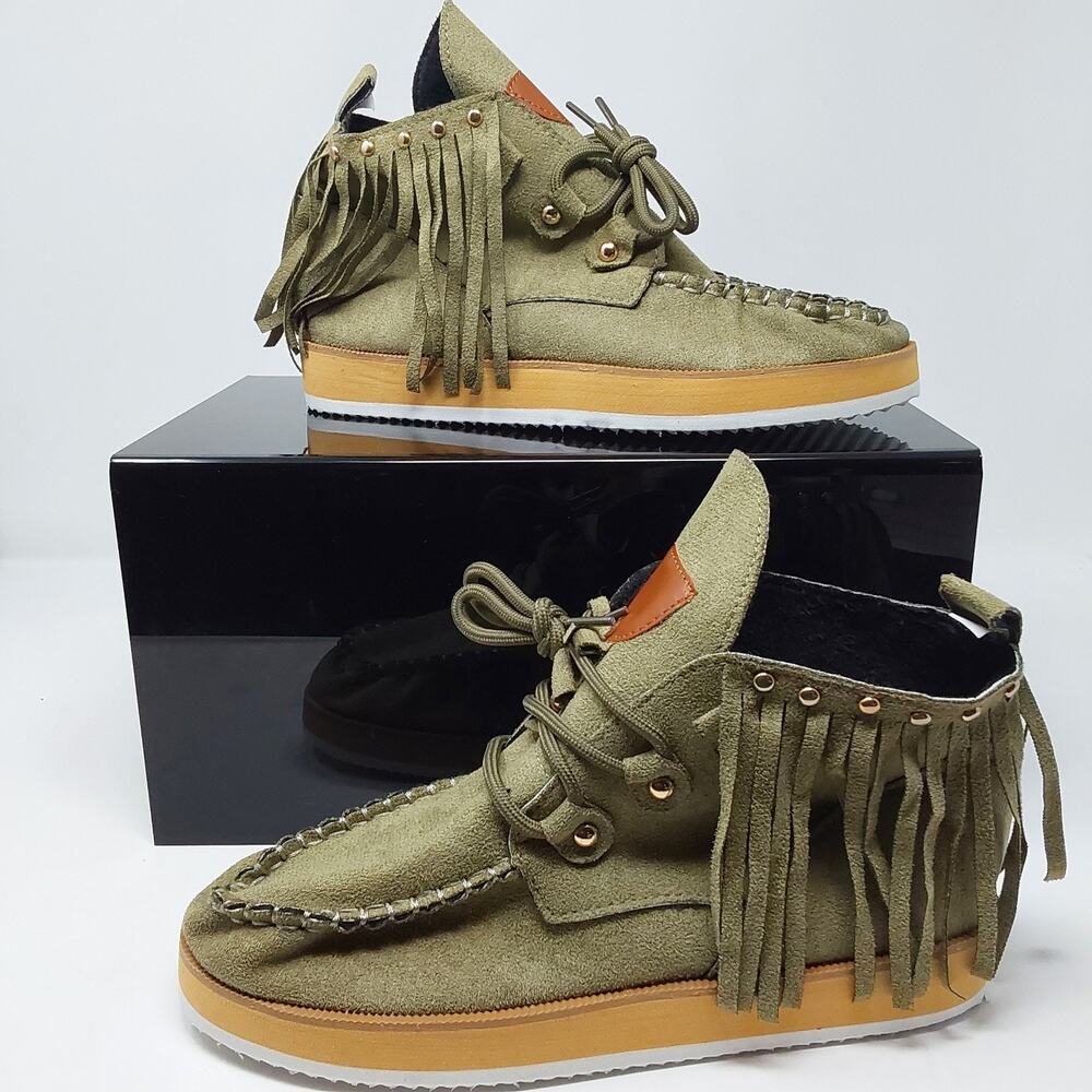 Women's Olive Suede Fringe Moccasin Ankle Boots Size US 7.5 EU 38 Boho New